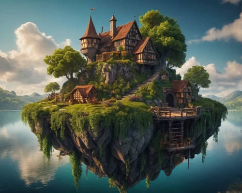 house with lake,fairytale castle,fairy tale castle,fantasy landscape,3d fantasy,fantasy picture,water castle,floating island,house in the forest,house by the water,fantasy art,fairy tale,witch's house,tree house,fantasy world,a fairy tale,fairy house,medieval castle,home landscape,children's fairy tale,Photography,General,Fantasy