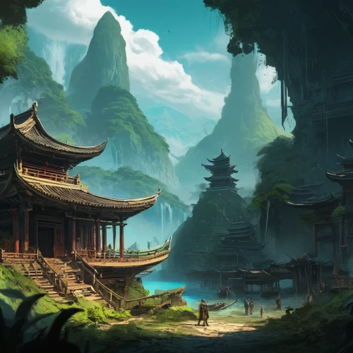 fantasy landscape,ancient city,tigers nest,chinese background,chinese temple,oriental,landscape background,yunnan,world digital painting,chinese art,mushroom landscape,asian architecture,chinese architecture,japan landscape,mountain landscape,high landscape,hanging temple,mountainous landscape,backgrounds,ancient buildings,Conceptual Art,Fantasy,Fantasy 02