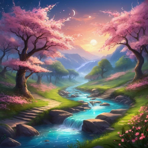 japanese sakura background,fantasy landscape,landscape background,spring background,springtime background,sakura background,sakura trees,sakura tree,fantasy picture,cherry blossom tree,spring leaf background,fairy forest,purple landscape,fairy world,sakura blossom,the cherry blossoms,cherry trees,spring blossoms,blossom tree,cherry blossoms,Illustration,Realistic Fantasy,Realistic Fantasy 01