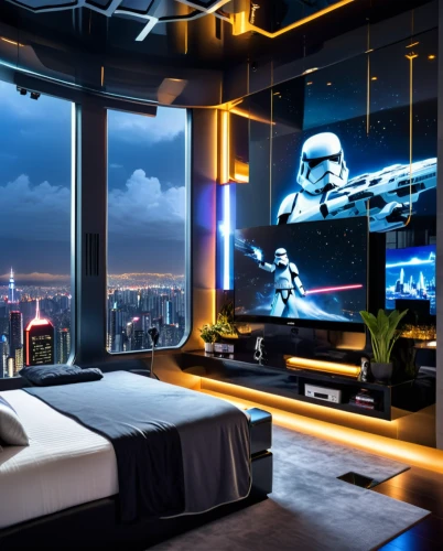 great room,penthouse apartment,sleeping room,luxury hotel,modern room,sky apartment,luxury suite,stormtrooper,hotel w barcelona,star wars,empire,millenium falcon,hotel room,home cinema,luxury,darth vader,apartment lounge,largest hotel in dubai,modern decor,hotel rooms,Conceptual Art,Sci-Fi,Sci-Fi 10