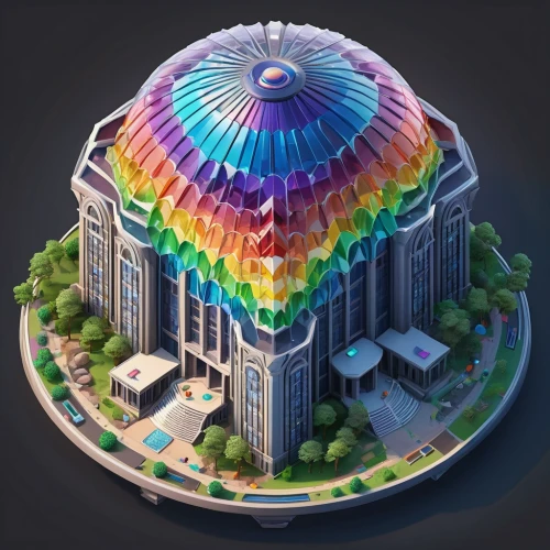 prism ball,musical dome,panopticon,colorful spiral,flower dome,prism,kaleidoscope art,solar cell base,kaleidoscope website,glass sphere,roof domes,globe flower,giant soap bubble,kaleidoscope,raimbow,prismatic,round house,hub,ball cube,quarantine bubble,Unique,3D,Isometric