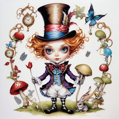 alice in wonderland,hatter,alice,fairy tale character,wonderland,marionette,ringmaster,fairytale characters,painter doll,artist doll,magician,little girl fairy,pierrot,tumbling doll,music box,child fairy,queen of hearts,eglantine,circus,faery,Illustration,Abstract Fantasy,Abstract Fantasy 11