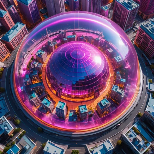 glass sphere,lensball,electron,hub,futuristic landscape,colorful spiral,spheres,cyclocomputer,futuristic,orb,panopticon,spherical,fantasy city,spherical image,torus,orbital,futuristic architecture,metropolis,musical dome,colorful city,Photography,General,Realistic
