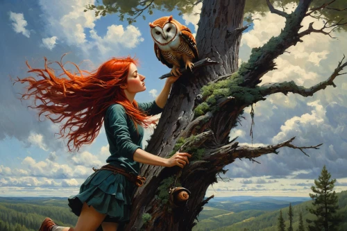 firestar,fantasy picture,treeing feist,fantasy art,forest animals,redheads,irish setter,red riding hood,girl with tree,firethorn,woodland animals,huntress,dryad,cats in tree,hunting scene,forest animal,red tabby,fantasy portrait,fauna,heroic fantasy,Conceptual Art,Fantasy,Fantasy 15
