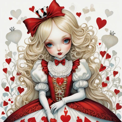 queen of hearts,alice,alice in wonderland,valentine pin up,red heart,tumbling doll,fairy tale character,bleeding heart,stitched heart,marionette,little red riding hood,valentine day's pin up,heart candy,cupid,heart with crown,painted hearts,painter doll,heart cherries,heart clipart,artist doll,Illustration,Abstract Fantasy,Abstract Fantasy 11
