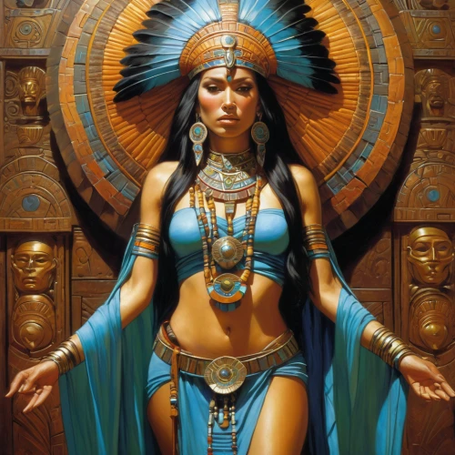 cleopatra,ancient egyptian girl,priestess,shamanic,warrior woman,ancient egypt,ancient egyptian,pharaonic,american indian,horus,the american indian,pocahontas,polynesian girl,shamanism,inca,egyptian,athena,sacred art,headdress,indian headdress,Illustration,Realistic Fantasy,Realistic Fantasy 03