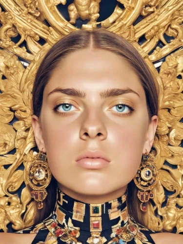 gold jewelry,body jewelry,gold crown,gold lacquer,el dorado,versace,cleopatra,mary-gold,jewelry,collar,jewelry（architecture）,golden wreath,jeweled,gold mask,earrings,gold stucco frame,symmetrical,yellow-gold,golden crown,gold eyes