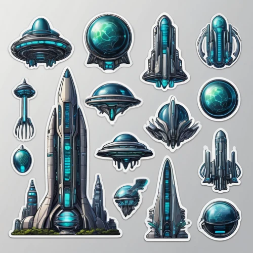 space ships,airships,spaceships,systems icons,turrets,futuristic landscape,alien ship,collected game assets,sky space concept,set of icons,space ship,alien world,spaceship space,scifi,spheres,sci fiction illustration,icon set,capsule,concept art,airship,Unique,Design,Sticker