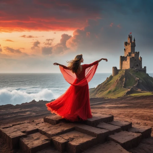 red cape,man in red dress,red gown,fantasy picture,celtic woman,girl in red dress,bamburgh,castles,red tunic,mont saint michel,sea shore temple,photo manipulation,girl in a long dress,mont st michel,red lighthouse,red coat,ruined castle,celtic queen,lady in red,photoshop manipulation,Photography,General,Fantasy