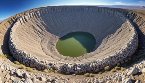 volcanic crater,crater,smoking crater,impact crater,sinkhole,dry lake,caldera,crater rim,volcanic landform,landform,craters,crater lake,aeolian landform,cinder cone,horsheshoe bend,alluvial fan,shield volcano,wave rock,badwater basin,water hole,Photography,General,Realistic