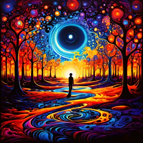 psychedelic art,mirror of souls,shamanism,shamanic,art painting,colorful tree of life,mysticism,magic hat,starry night,astral traveler,cosmic eye,mother earth,fantasy art,spring equinox,oil painting on canvas,the mystical path,dreamland,phase of the moon,moon phase,indigenous painting