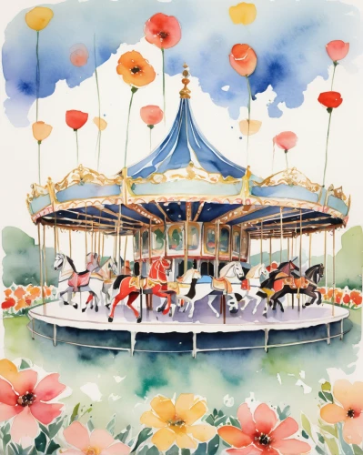 carousel,teacups,merry-go-round,amusement ride,carnival tent,parasols,amusement park,merry go round,circus tent,tokyo disneyland,carousel horse,shanghai disney,fairground,disney-land,summer beach umbrellas,disney rose,children's ride,circus stage,circus,summer fair,Illustration,Paper based,Paper Based 07