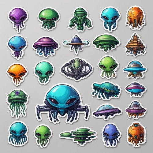 collected game assets,biosamples icon,sea creatures,blobs,scarabs,squids,cephalopods,phage,systems icons,alien invasion,dragees,aliens,squid game card,set of icons,zooplankton,bacteriophage,squid game,arthropods,crown icons,jellies,Unique,Design,Sticker
