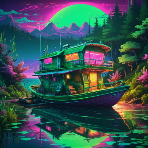 boat landscape,houseboat,picnic boat,boat,fishing float,boat ride,acid lake,phoenix boat,abandoned boat,little boat,water boat,boat trip,80's design,floating on the river,lagoon,yacht,canoe,paddle boat,retro background,boats,Conceptual Art,Sci-Fi,Sci-Fi 27