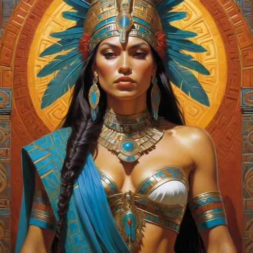 cleopatra,ancient egyptian girl,american indian,warrior woman,priestess,shamanic,the american indian,headdress,native american,indian headdress,pocahontas,pharaonic,cherokee,ancient egyptian,ancient egypt,horus,aztec,aztecs,shamanism,pharaoh,Illustration,Realistic Fantasy,Realistic Fantasy 03