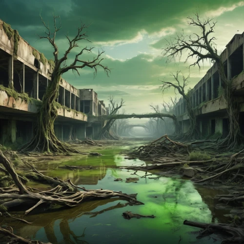 post-apocalyptic landscape,abandoned place,lostplace,lost place,environmental destruction,post apocalyptic,post-apocalypse,wasteland,abandoned places,swampy landscape,desolation,abandoned,derelict,lost places,disused,deforested,world digital painting,swamp,apocalyptic,the ugly swamp,Photography,General,Natural
