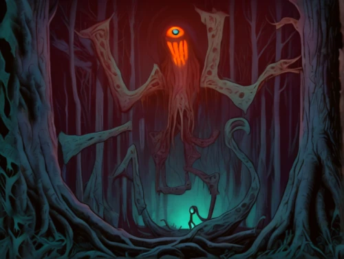 haunted forest,slender,creepy tree,supernatural creature,game illustration,devilwood,forest man,creeper,sci fiction illustration,holy forest,background image,portal,three eyed monster,halloween poster,mystery book cover,the forest,tree torch,bogeyman,old-growth forest,totem