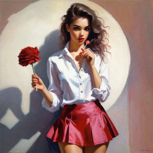 valentine pin up,valentine day's pin up,romantic portrait,red rose,bibernell rose,with roses,pin up girl,pin-up girl,retro pin up girl,italian painter,red roses,red carnation,holding flowers,rose white and red,rosa,rose woodruff,romantic rose,art painting,oil painting,bright rose