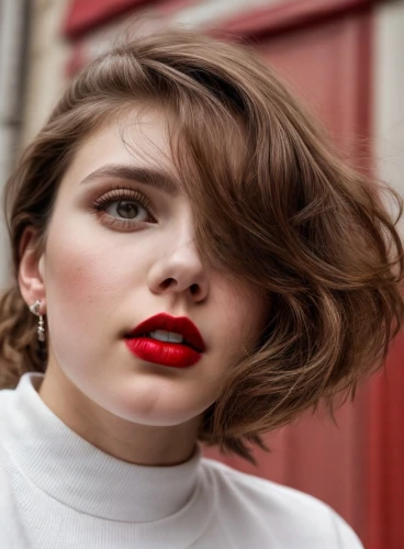 red lips,red lipstick,asymmetric cut,white and red,artificial hair integrations,pixie cut,lip,poppy red,bob cut,lips,management of hair loss,rouge,natural cosmetic,female model,editorial,portrait photography,model beauty,silk red,jaw,vintage makeup,Common,Common,Photography