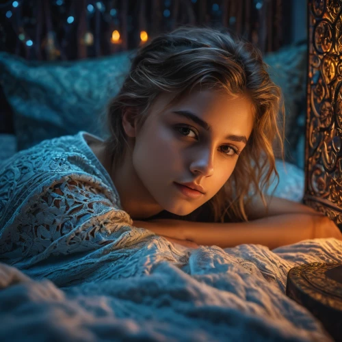 girl in bed,relaxed young girl,woman on bed,romantic portrait,mystical portrait of a girl,the girl in nightie,fairy lights,girl portrait,portrait photography,bed,blue pillow,girl in a long,romantic look,nightgown,blonde girl with christmas gift,night image,night photograph,night light,portrait of a girl,cinderella,Photography,General,Fantasy