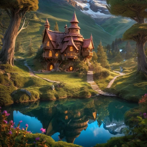 fantasy landscape,fairy tale castle,fairytale castle,fantasy picture,house in the forest,hobbiton,witch's house,fairy house,house with lake,fairy village,3d fantasy,house in mountains,home landscape,fantasy world,house in the mountains,fantasy art,fairy world,fairy tale,mountain settlement,children's fairy tale,Illustration,Realistic Fantasy,Realistic Fantasy 02