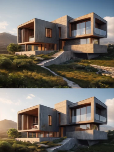 3d rendering,dunes house,render,modern house,modern architecture,digital compositing,cubic house,3d rendered,house in mountains,3d render,dune ridge,house in the mountains,cube stilt houses,eco-construction,house shape,residential house,danish house,cube house,rendering,kirrarchitecture