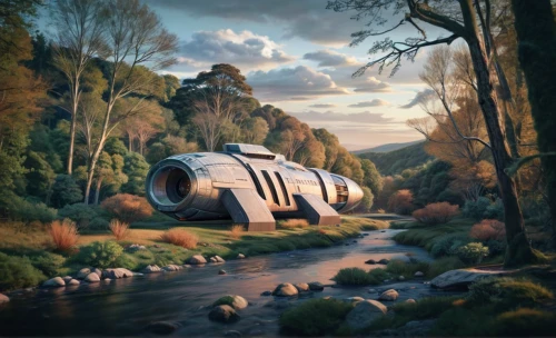 futuristic landscape,teardrop camper,camper van isolated,futuristic art museum,world digital painting,futuristic architecture,idyllic,futuristic car,camping bus,concept art,fantasy landscape,caravanning,expedition camping vehicle,autumn camper,hobbiton,camper,fantasy picture,cg artwork,mobile home,caravan