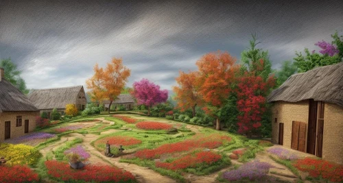 cottage garden,vegetables landscape,home landscape,3d rendering,fantasy landscape,hobbiton,landscape designers sydney,permaculture,landscape background,flower meadow,3d render,aurora village,landscape design sydney,farm landscape,virtual landscape,miniature house,fairy village,thatched cottage,landscape plan,3d fantasy,Common,Common,Natural