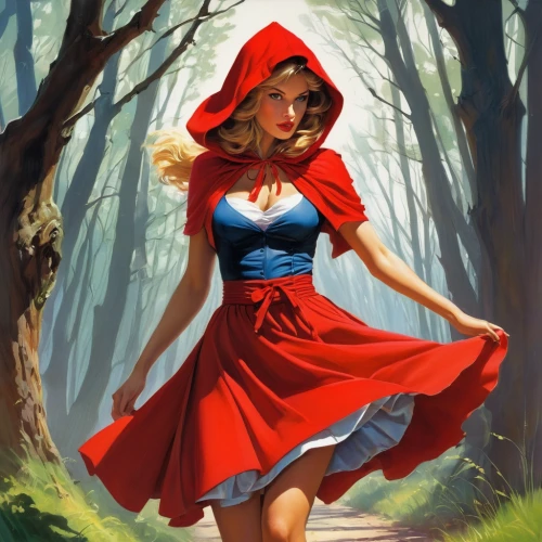 red riding hood,little red riding hood,red coat,man in red dress,red cape,lady in red,girl in red dress,red tunic,ballerina in the woods,red gown,red skirt,acerola,scarlet witch,red shoes,red tablecloth,woman walking,girl in a long dress,a girl in a dress,red dress,fairy tale character,Conceptual Art,Fantasy,Fantasy 04