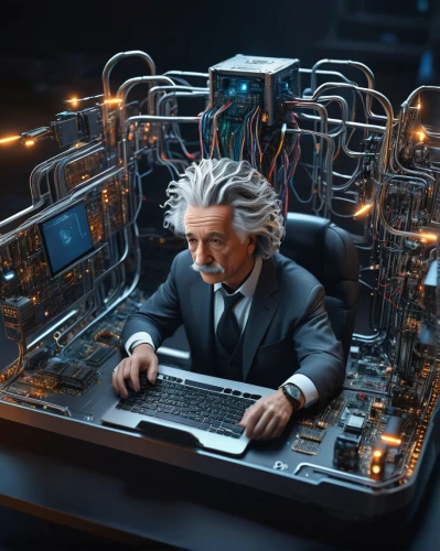 man with a computer,albert einstein,cybernetics,computer art,kasperle,einstein,computer freak,barebone computer,computer,computer business,cinema 4d,2080ti graphics card,cable innovator,hardware programmer,cable salad,cyberpunk,sysadmin,night administrator,electrical engineer,2080 graphics card,Photography,General,Sci-Fi