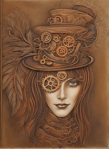 venetian mask,steampunk,gold foil art,the hat of the woman,the carnival of venice,steampunk gears,woman's hat,golden mask,gold filigree,the hat-female,brown hat,masquerade,headdress,art nouveau,women's hat,headpiece,boho art,gold foil men's hat,decorative art,gold mask,Illustration,Realistic Fantasy,Realistic Fantasy 13