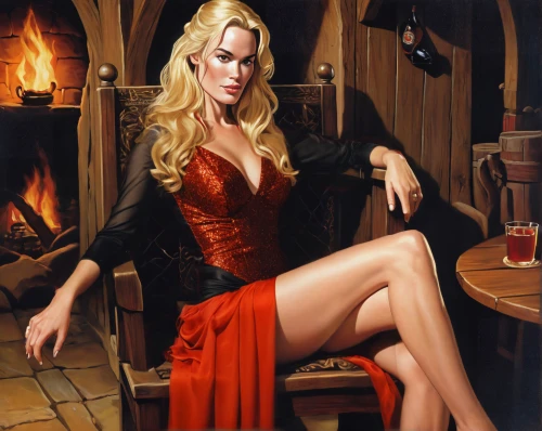barmaid,man in red dress,lady in red,sarah walker,blonde woman,winemaker,bartender,portrait of christi,annemone,woman drinking coffee,blonde girl with christmas gift,red wine,red gown,cigarette girl,sorceress,oil painting,romantic portrait,fantasy art,italian painter,lady of the night