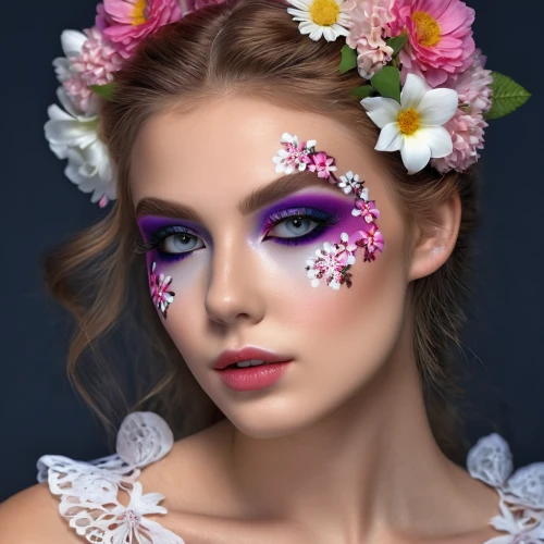 floral wreath,flower fairy,lilac blossom,colorful floral,blooming wreath,wreath of flowers,lilac flower,beautiful girl with flowers,face paint,butterfly floral,eyes makeup,flowers png,lilac flowers,girl in flowers,floral mockup,floral with cappuccino,flower wreath,floral background,makeup artist,floral design,Photography,General,Realistic