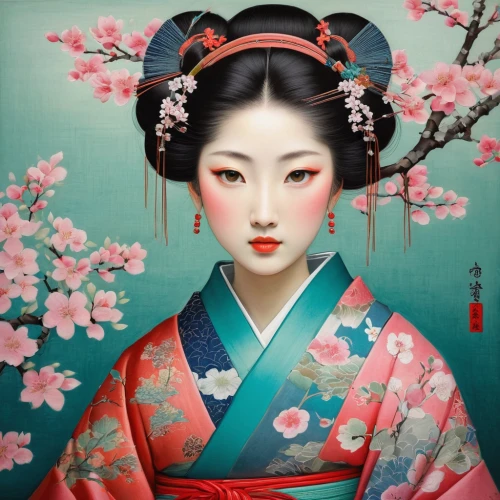 geisha girl,geisha,japanese art,chinese art,japanese woman,plum blossoms,oriental girl,oriental painting,oriental princess,japanese floral background,plum blossom,japanese culture,oriental,korean culture,hanbok,taiwanese opera,cherry blossom japanese,junshan yinzhen,japanese doll,japanese cherry,Illustration,Abstract Fantasy,Abstract Fantasy 07