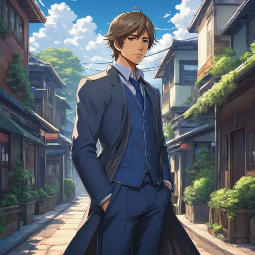 businessman,navy suit,formal guy,groom,violet evergarden,business man,the groom,gentlemanly,male character,stylish boy,white-collar worker,attorney,nikko,aristocrat,hydrangea background,sparrowhawk,darjeeling,oleander,portrait background,bridegroom,Illustration,Realistic Fantasy,Realistic Fantasy 25