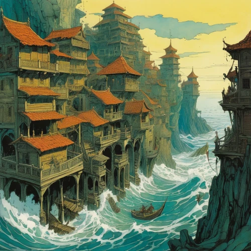 japanese waves,house of the sea,fishing village,sea fantasy,sea-shore,floating huts,asian architecture,ancient city,japanese wave,imperial shores,chinese architecture,sea landscape,world digital painting,seaside resort,floating island,ocean waves,water castle,tsukemono,fantasy city,forbidden palace,Illustration,Realistic Fantasy,Realistic Fantasy 04