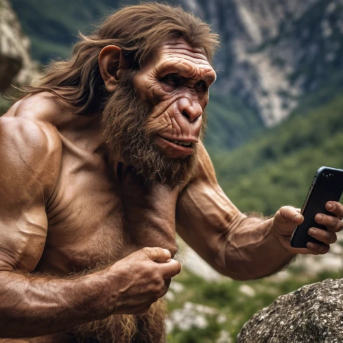 neanderthal,neanderthals,human evolution,ape,chimpanzee,mobile banking,paleolithic,great apes,music on your smartphone,stone age,common chimpanzee,the blood breast baboons,chimp,primate,cave man,iphone 6s plus,caveman,iphone 6 plus,primitive person,man talking on the phone,Photography,General,Realistic