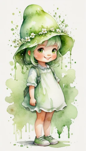 watercolor baby items,marie leaf,lily of the field,watercolor background,watercolor paint,green summer,watercolor,forest clover,chibi girl,lily pad,little girl fairy,lilly of the valley,garden fairy,dryad,child fairy,watercolor painting,watercolors,lily of the valley,dewdrop,kids illustration,Illustration,Paper based,Paper Based 03