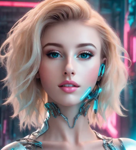 barbie,elsa,futuristic,cyborg,cyber,cyberpunk,barbie doll,neon makeup,pixie-bob,chainlink,cyberspace,valerian,doll's facial features,3d fantasy,scifi,ai,echo,realdoll,cybernetics,fantasy portrait