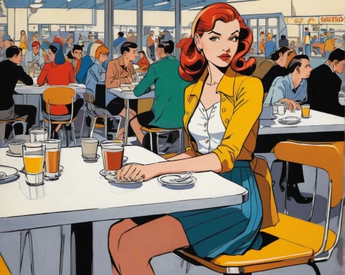 retro diner,waitress,woman at cafe,cafeteria,women at cafe,diner,food court,soda fountain,bar stools,restaurants,bistro,cigarette girl,the coffee shop,bartender,soda shop,waiting staff,breakfast table,canteen,bistrot,fifties,Illustration,American Style,American Style 09