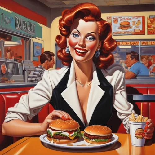 retro diner,classic burger,fast-food,fastfood,red robin,modern pop art,burguer,cool pop art,fast food restaurant,diner,fast food,fifties,retro women,fast food junky,burgers,diet icon,50's style,hamburgers,retro woman,drive in restaurant,Illustration,American Style,American Style 05