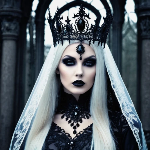 gothic fashion,gothic woman,gothic style,gothic portrait,dark gothic mood,gothic,priestess,gothic dress,crow queen,celtic queen,queen of the night,the snow queen,dead bride,goth woman,gothic architecture,ice queen,dark angel,crowned,queen crown,headpiece,Illustration,Realistic Fantasy,Realistic Fantasy 46