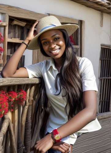 nigeria woman,countrygirl,girl wearing hat,panama hat,maria bayo,television presenter,farm girl,menswear for women,african woman,cameroon,benin,girl in a historic way,wildlife biologist,travel woman,zambia zmw,a girl's smile,park ranger,brown hat,angolans,the hat-female