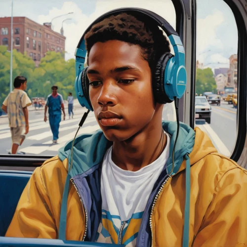 listening to music,audio player,music player,headphones,listening,the listening,headphone,walkman,wireless headphones,music,spotify icon,passenger,earphones,audiophile,earbuds,the bus space,digital painting,oil on canvas,world digital painting,bus driver,Conceptual Art,Fantasy,Fantasy 07