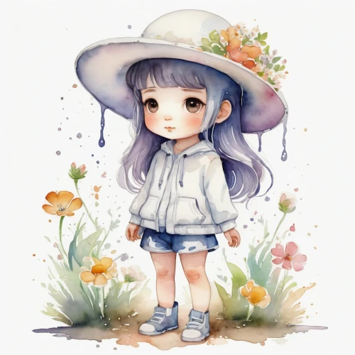 anemone hupehensis september charm,flower hat,watercolor baby items,girl picking flowers,chibi girl,summer hat,girl wearing hat,watercolor floral background,picking flowers,springtime background,sun hat,summer anemone,little flower,girl in flowers,garden fairy,watercolor background,sea of flowers,countrygirl,summer flower,harebell,Illustration,Paper based,Paper Based 07