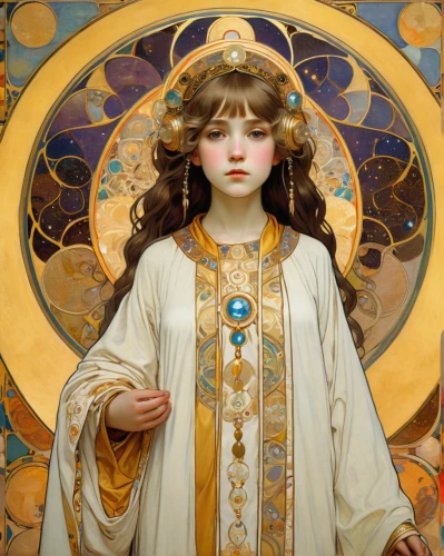 mucha,art nouveau,alfons mucha,priestess,art nouveau design,eucharistic,golden wreath,joan of arc,accolade,bouguereau,the prophet mary,baroque angel,mary-gold,the magdalene,artemisia,art nouveau frame,the angel with the veronica veil,eucharist,sacred art,cybele,Art,Artistic Painting,Artistic Painting 32