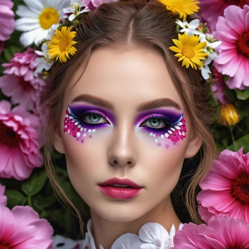 colorful floral,pink daisies,girl in flowers,eyes makeup,floral background,flowers png,colorful daisy,floral wreath,floral composition,flower art,pink floral background,flower painting,wreath of flowers,blooming wreath,beautiful girl with flowers,flower fairy,flower wall en,african daisies,flower background,cosmetics,Photography,General,Realistic