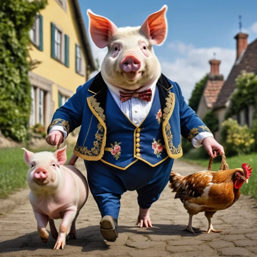 animals play dress-up,pig's trotters,puy du fou,barnyard,farmyard,cockerel,suckling pig,oktoberfest celebrations,piglets,wiesnbreze,town crier,münsterland,anthropomorphized animals,tudor,pig,fairytale characters,pantomime,porker,fluyt,pot-bellied pig,Photography,General,Realistic