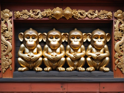three monkeys,three wise monkeys,monkeys band,monkey family,primates,monkeys,chiang mai,hear no evil,gibbon 5,monkey gang,wooden figures,great apes,buddhists monks,carvings,speak no evil,chinese icons,orang utan,thai temple,cambodia,the blood breast baboons,Photography,General,Realistic