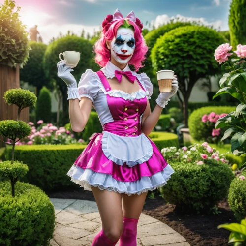 horror clown,cosplay image,queen of hearts,creepy clown,jester,harley quinn,wonderland,scary clown,clown,waitress,cosplayer,alice in wonderland,mime,mime artist,pan,catrina,barmaid,woman drinking coffee,holding cup,cosplay,Photography,General,Realistic
